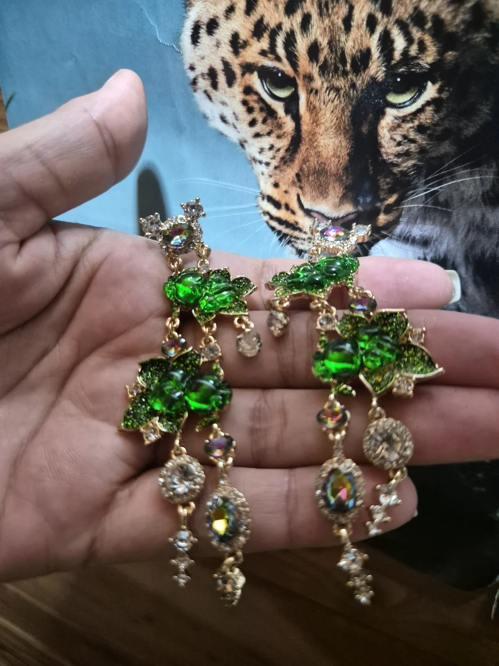 Gold-Tone Green Crystal Floral Dangle Earrings